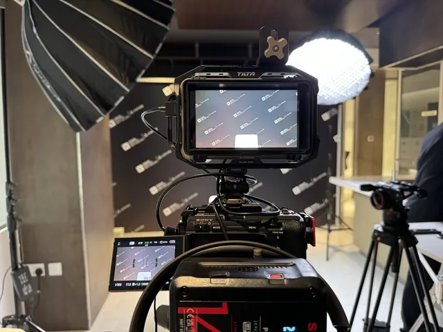 Cinema camera rig with monitor and studio lights on a video shoot